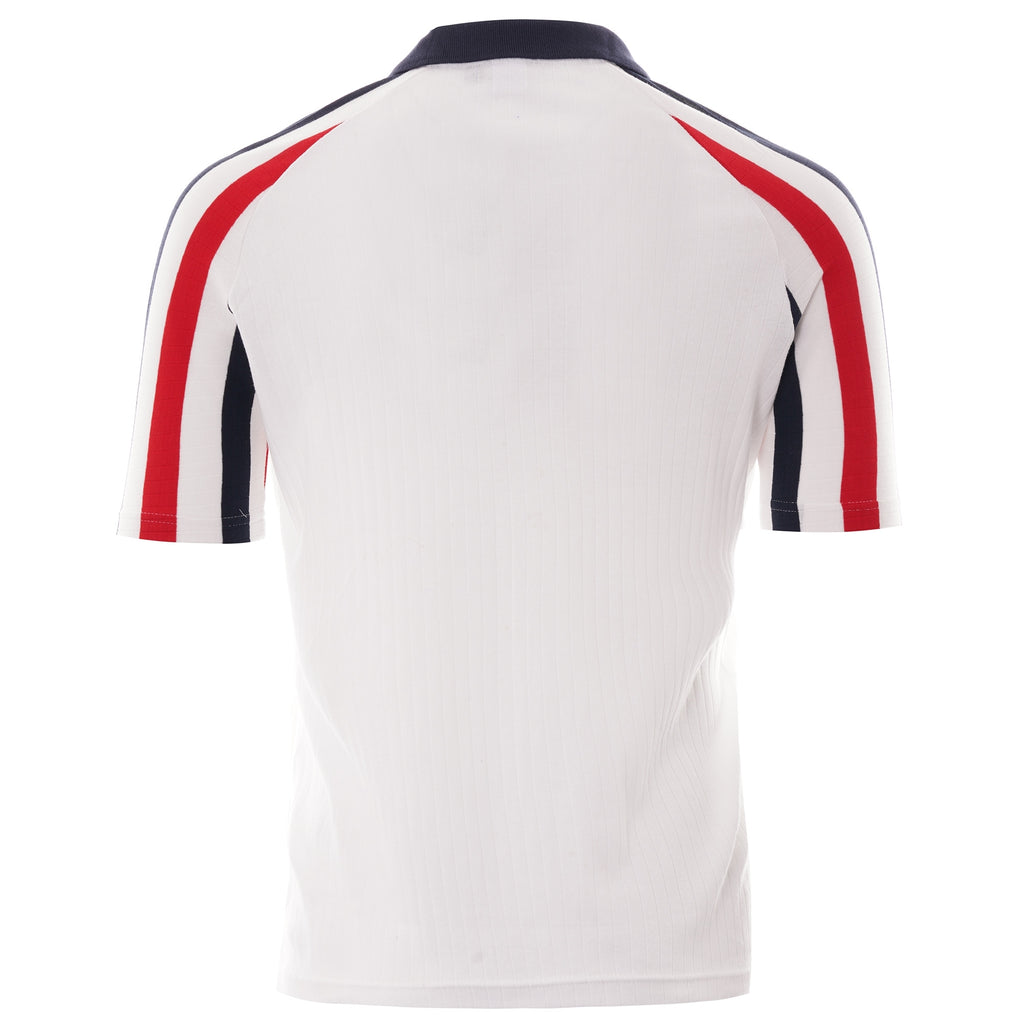 The back of the white short-sleeved polo shirt, showing red and navy stripes on the shoulders.