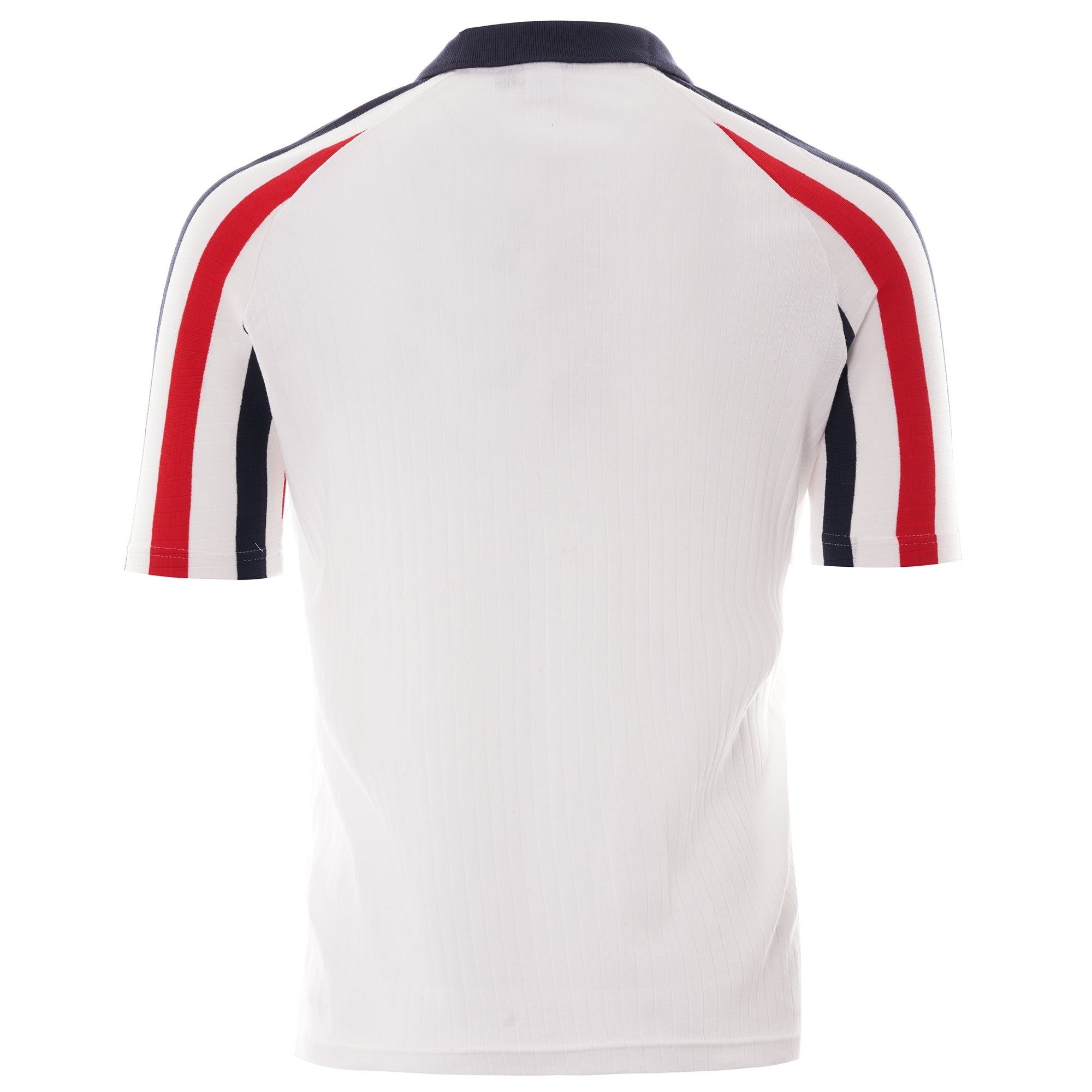 The back of the white short-sleeved polo shirt, showing red and navy stripes on the shoulders.