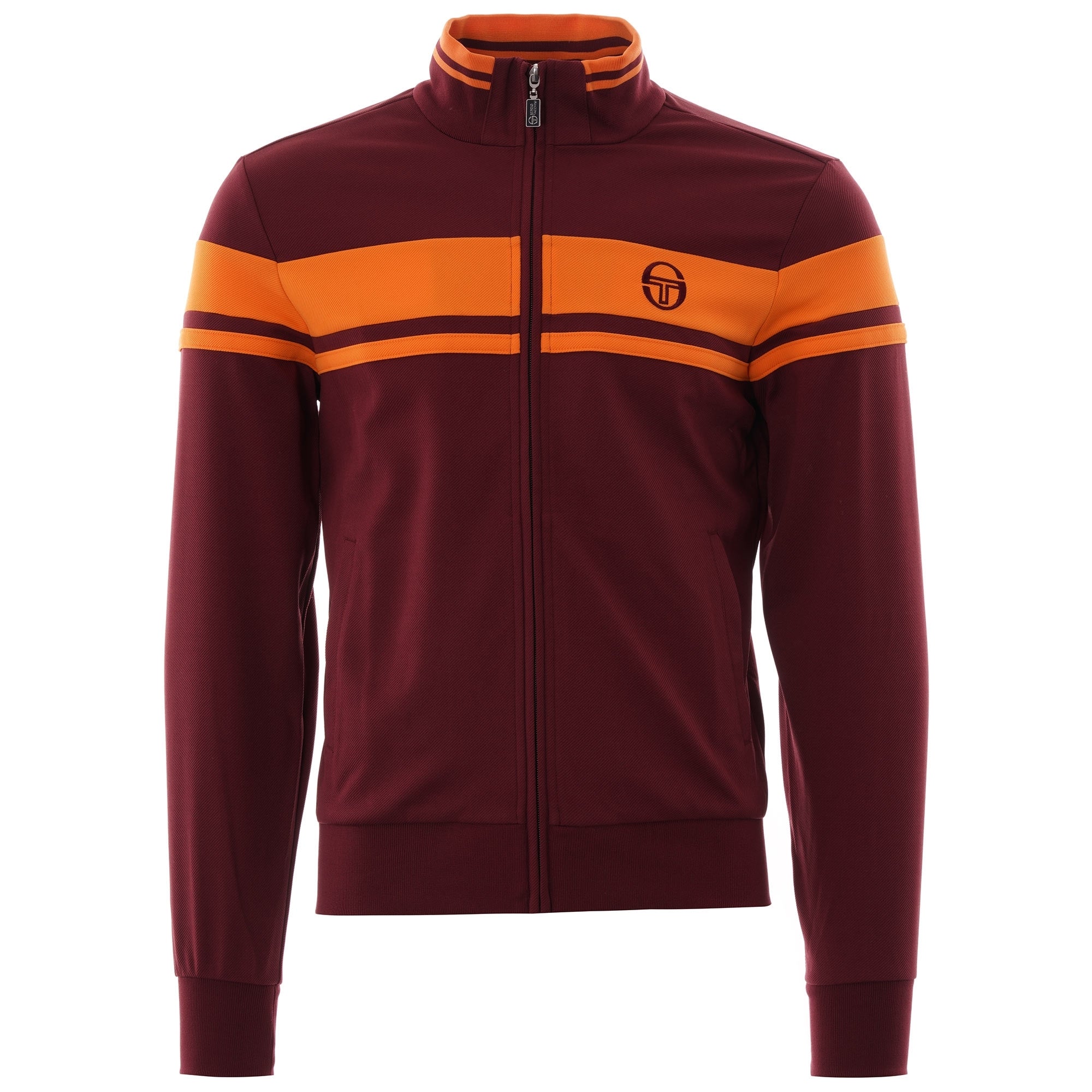 A full-length image of the Sergio Tacchini Orion Track Top in red with orange stripes.