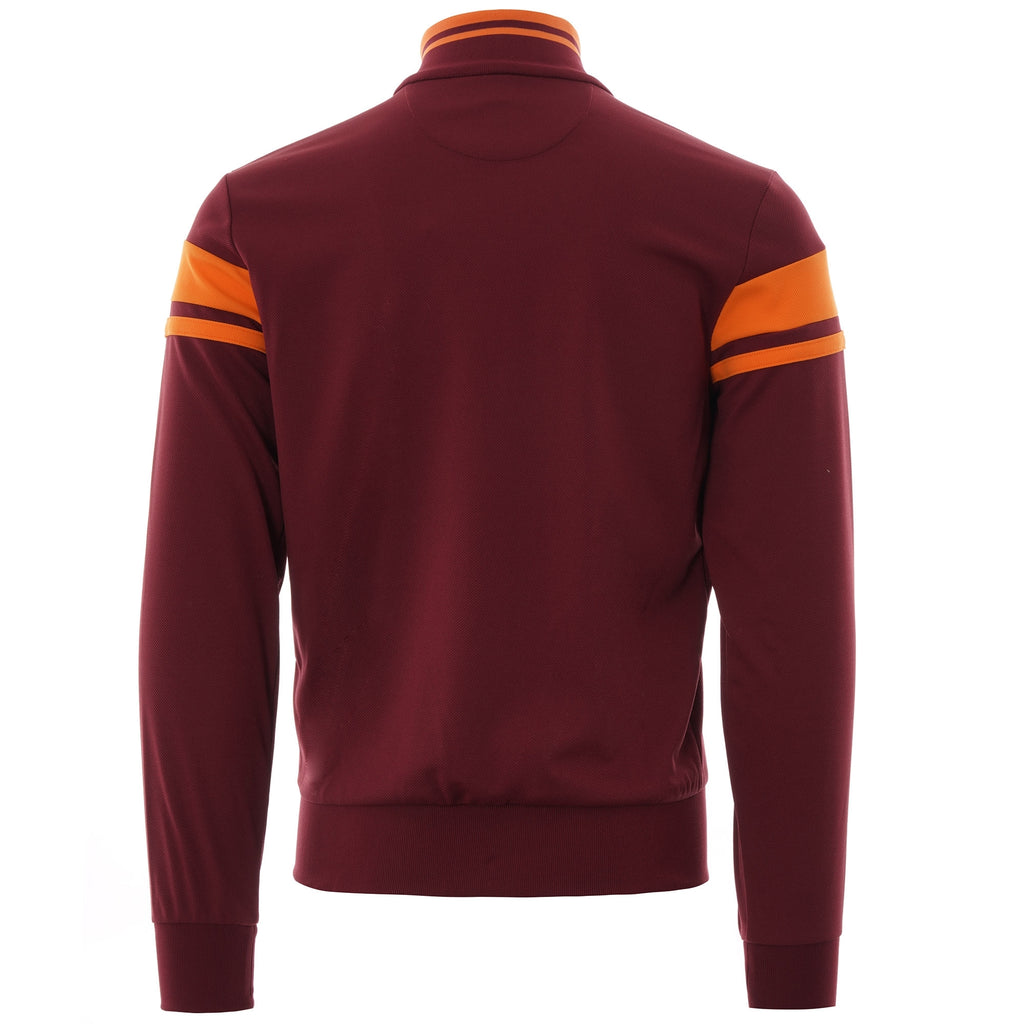 A rear view of the Sergio Tacchini Orion Track Top in red with orange stripes on the arms.