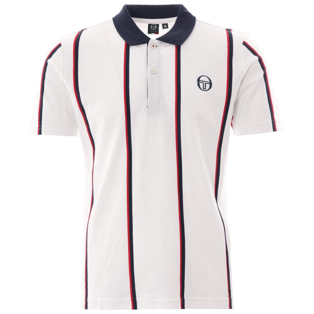 A white polo shirt featuring vertical navy and red stripes, with a navy collar and a brand logo.