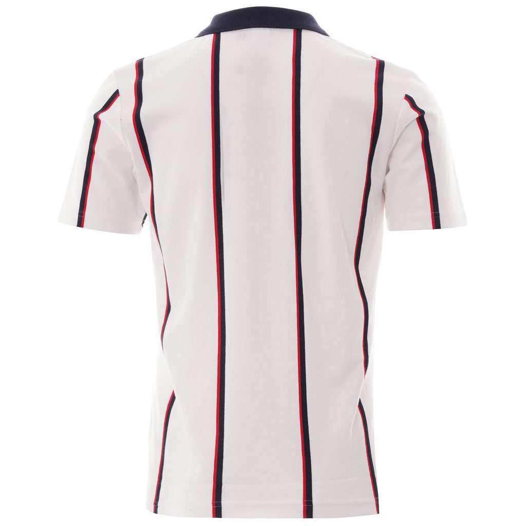 Rear view of the white polo shirt, showing vertical navy and red stripes and navy collar.