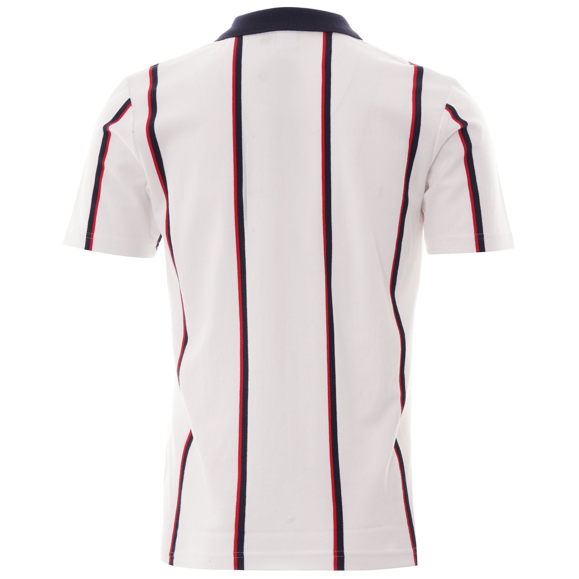 Rear view of the white polo shirt, showing vertical navy and red stripes and navy collar.
