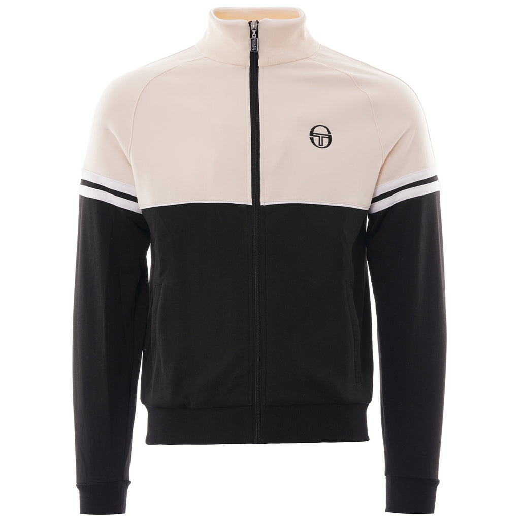 A front view of the Sergio Tacchini Orion Track Top in black and cream.