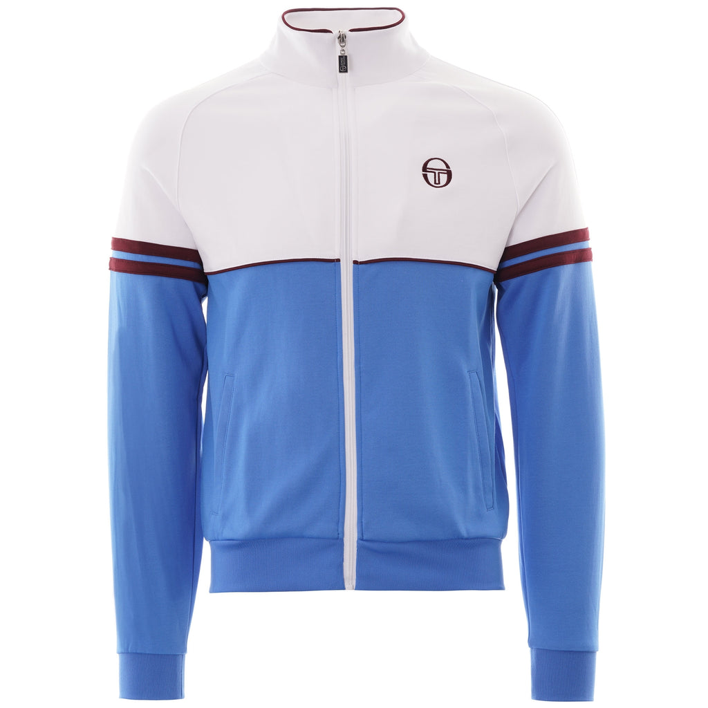 Front view of the Orion Track Top in white and sky blue.