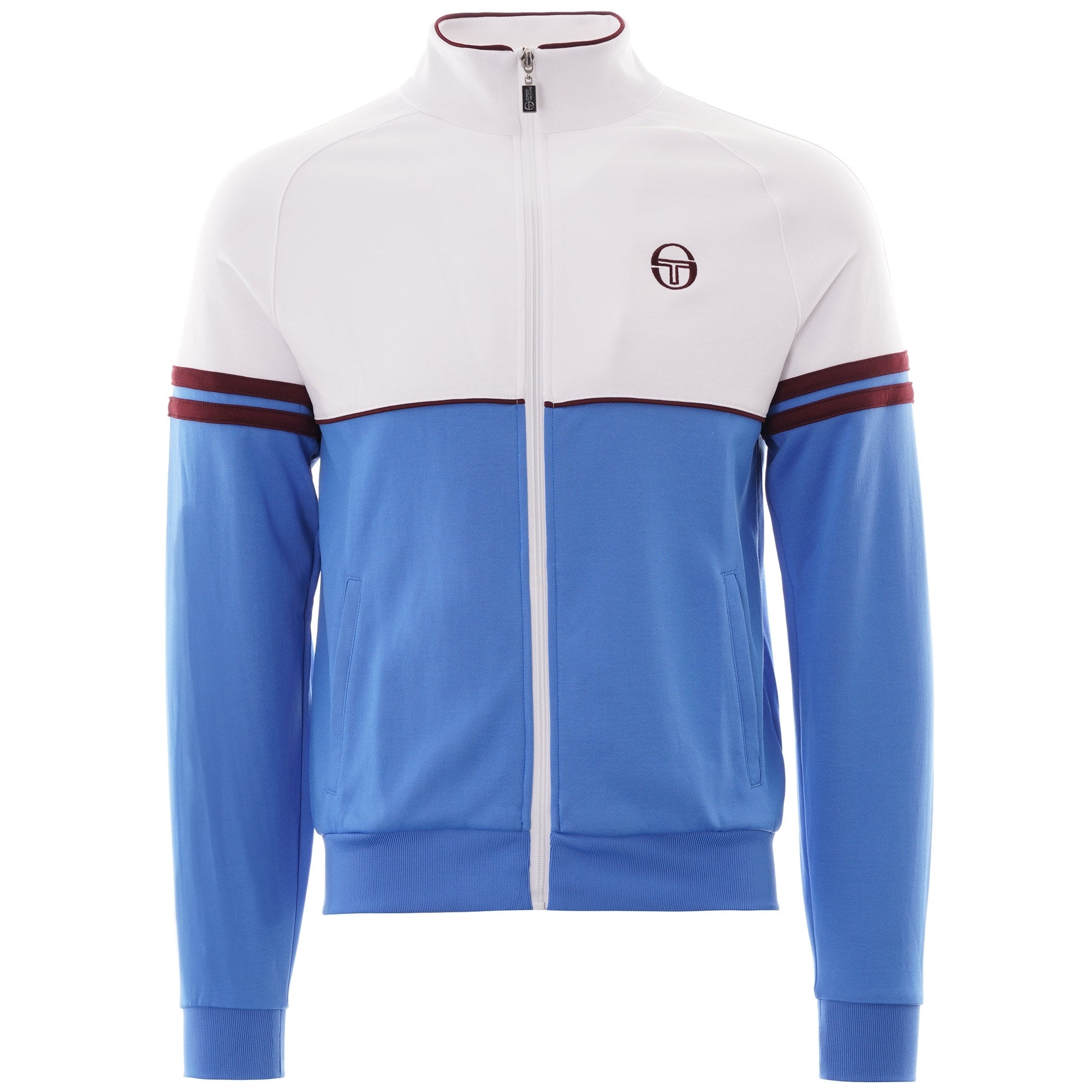 Front view of the Orion Track Top in white and sky blue.