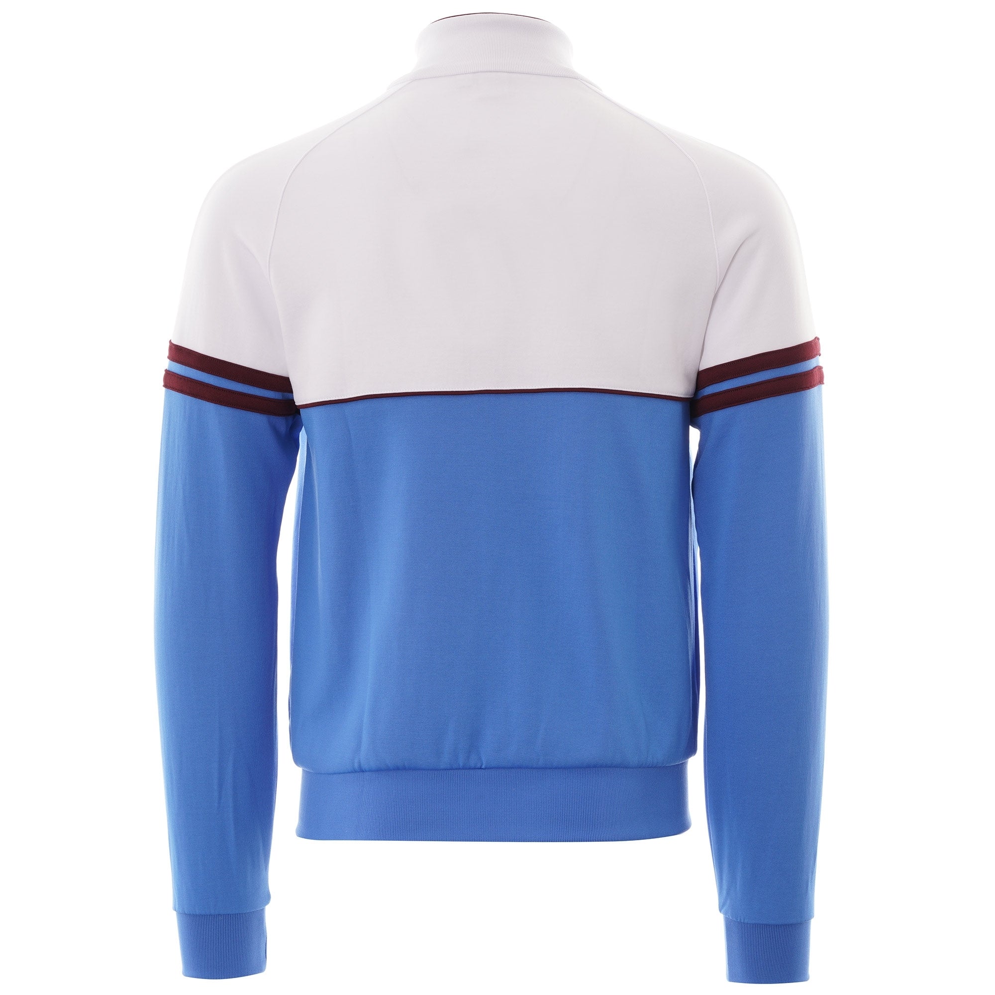 Rear view of the Orion Track Top in white and sky blue.