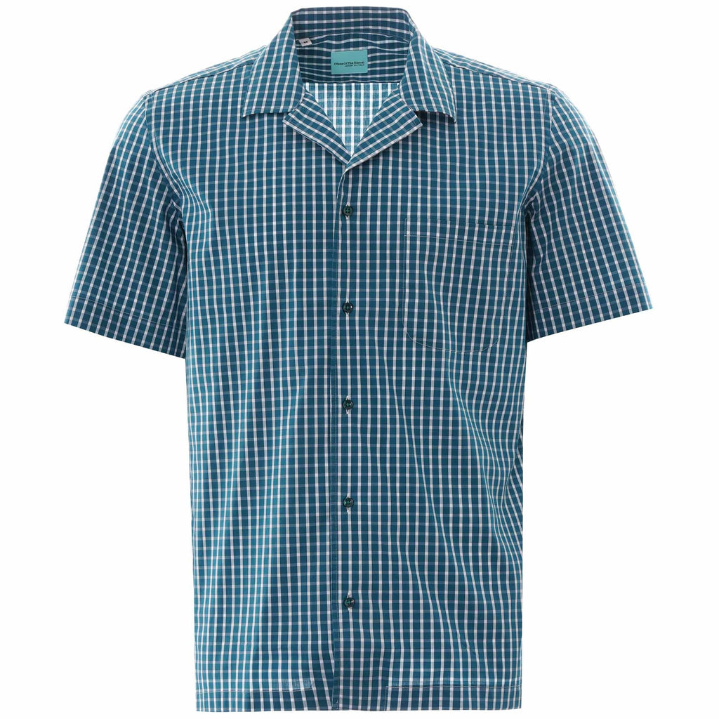 A blue and white checked short-sleeved shirt with an open collar.