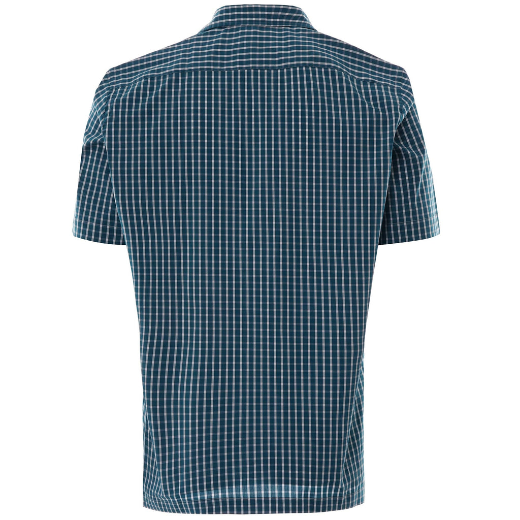 Rear view of the blue and white checked short-sleeved shirt.