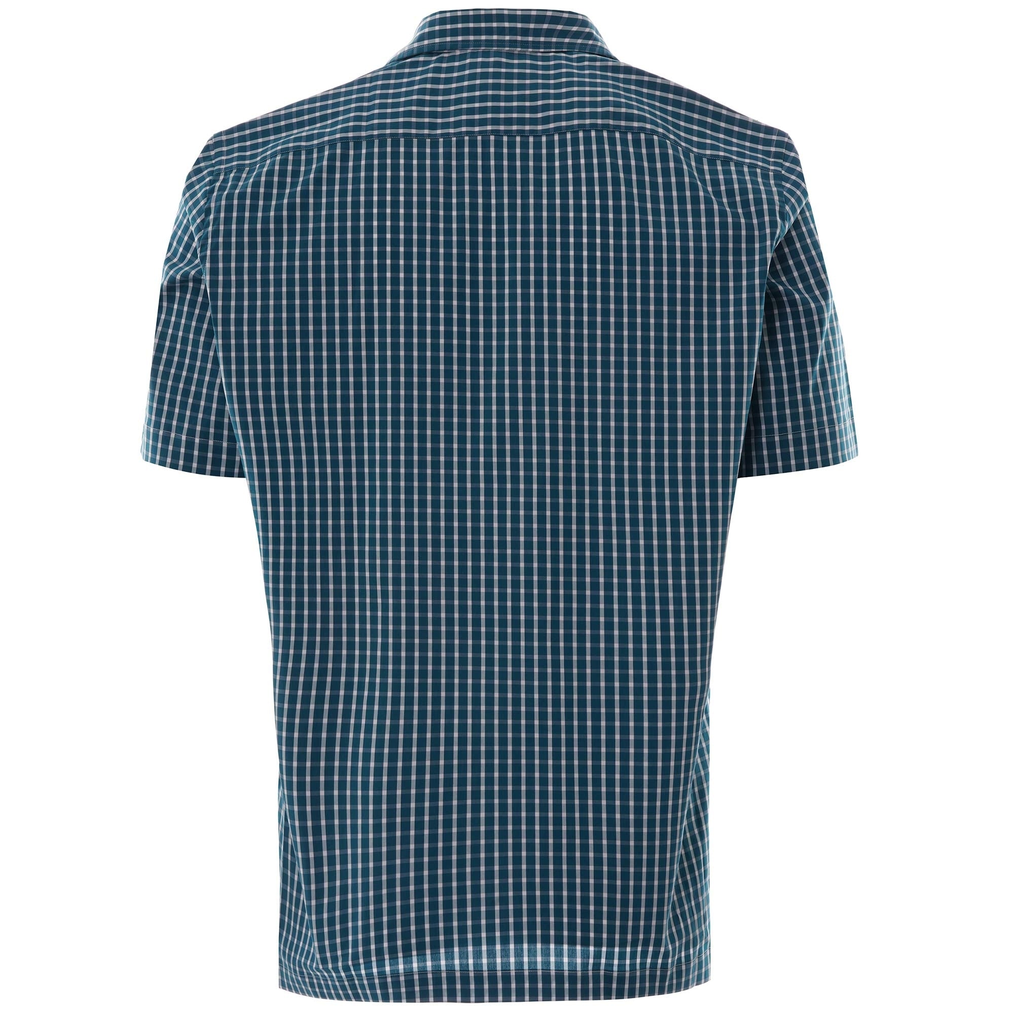 Rear view of the blue and white checked short-sleeved shirt.