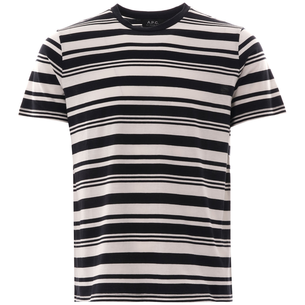 A black and white striped short-sleeve T-shirt on a white background.