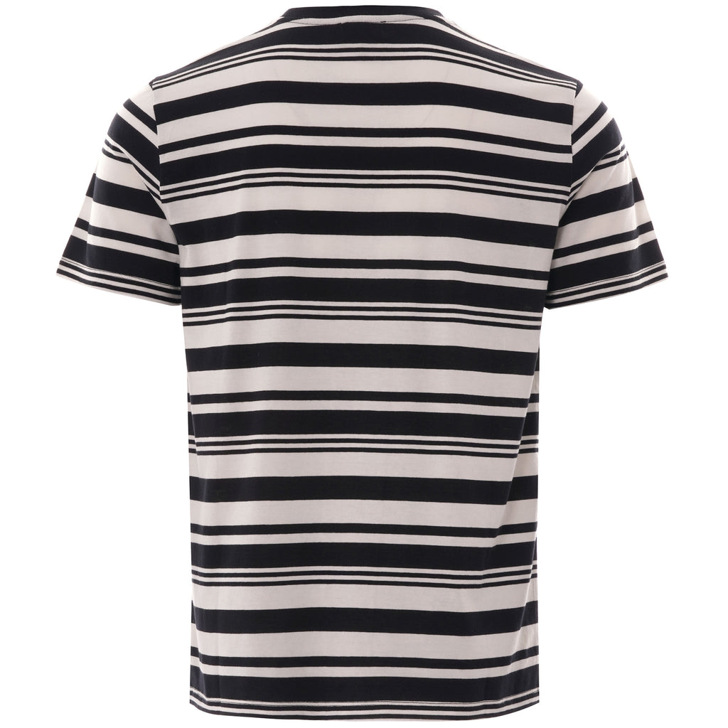 The back of the black and white striped T-shirt, displayed on a white background.