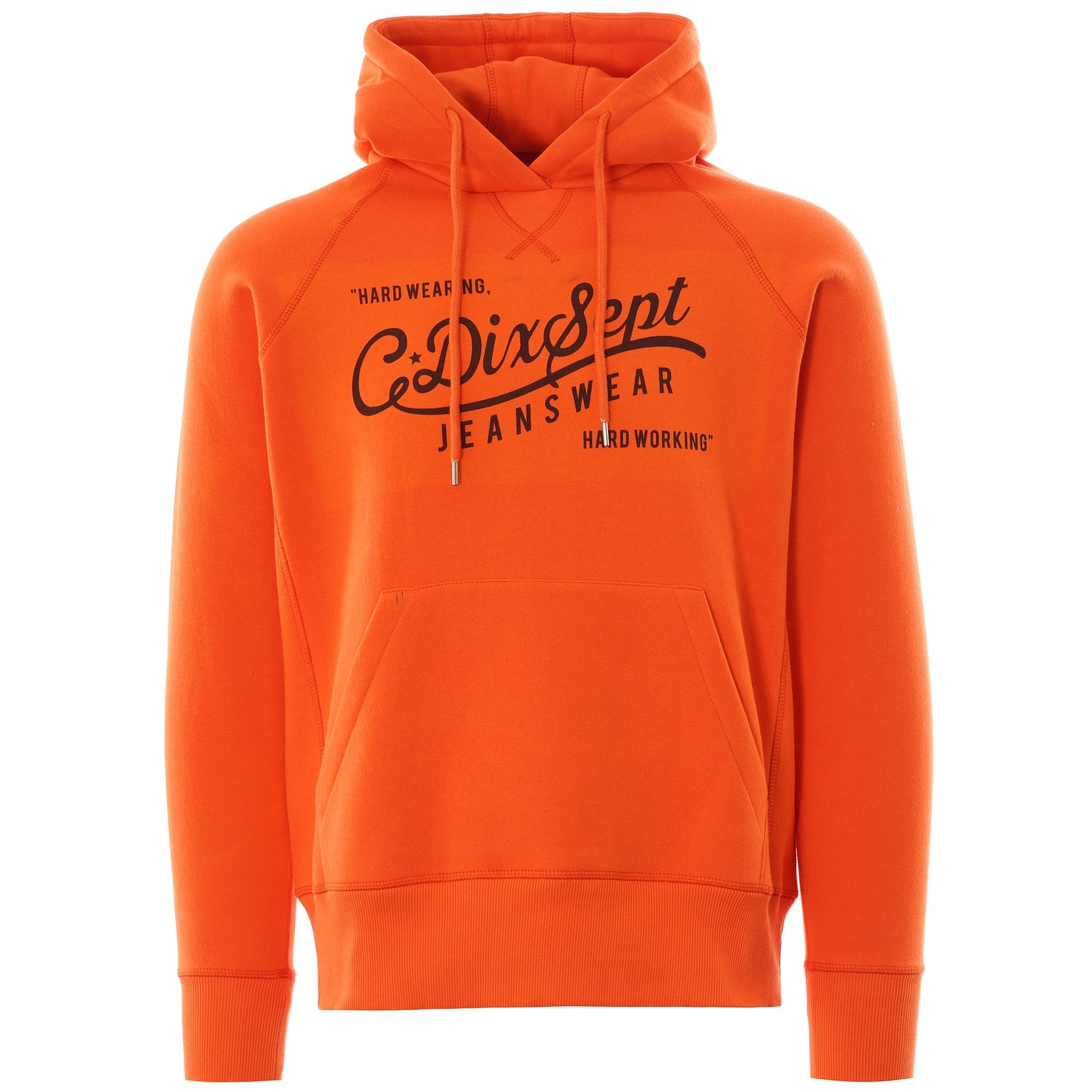 Orange hoodie with 'C17 Dixsept Jeanswear' printed on the chest.