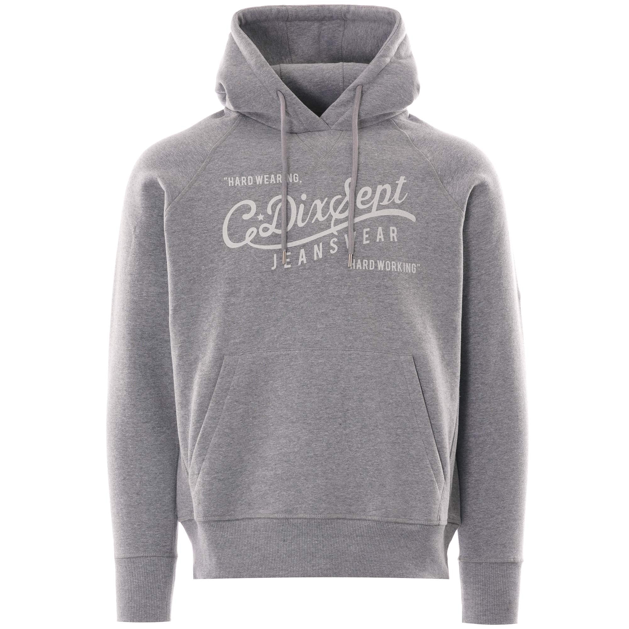 A grey hoodie with a 'C-Dixsept Jeanswear' graphic printed on the chest.