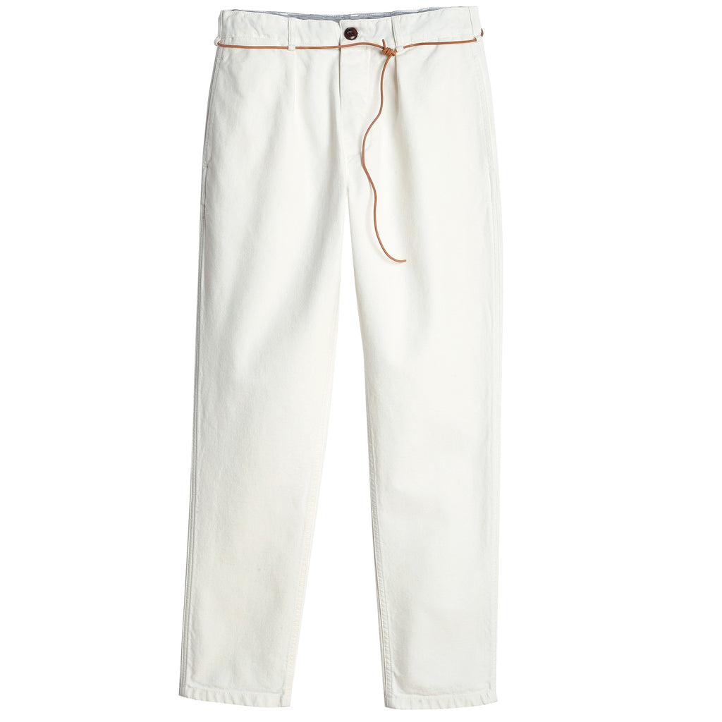A pair of white trousers with a brown leather drawstring belt, on a white background.
