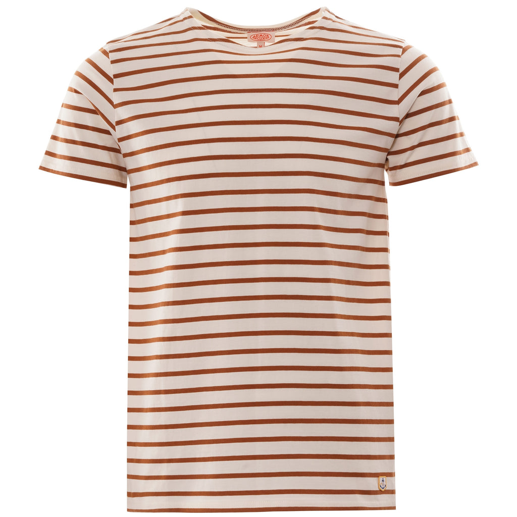 Front view of an Armor Lux short-sleeved t-shirt in white with horizontal brown stripes.