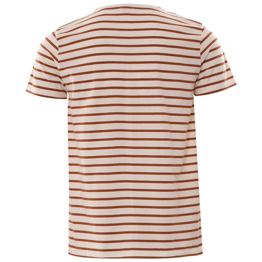 Rear view of an Armor Lux short-sleeved t-shirt in white with horizontal brown stripes.