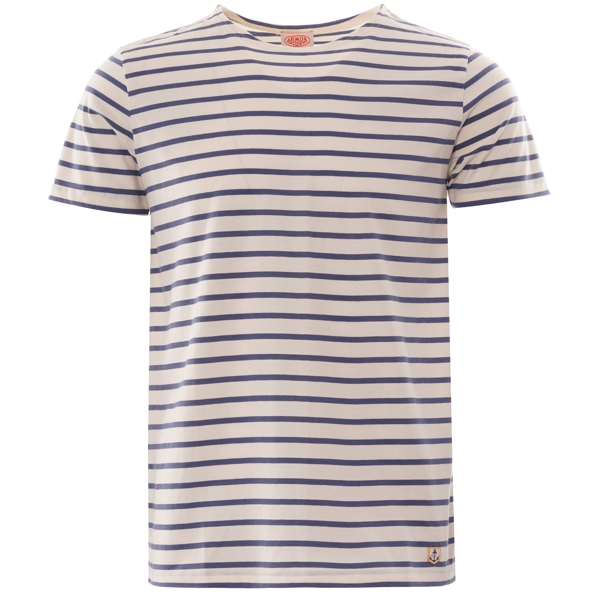 A white and navy striped t-shirt for sale.