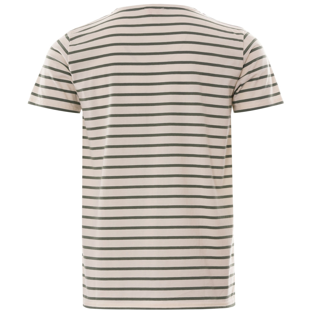 Rear view of the striped t-shirt, highlighting the pattern.