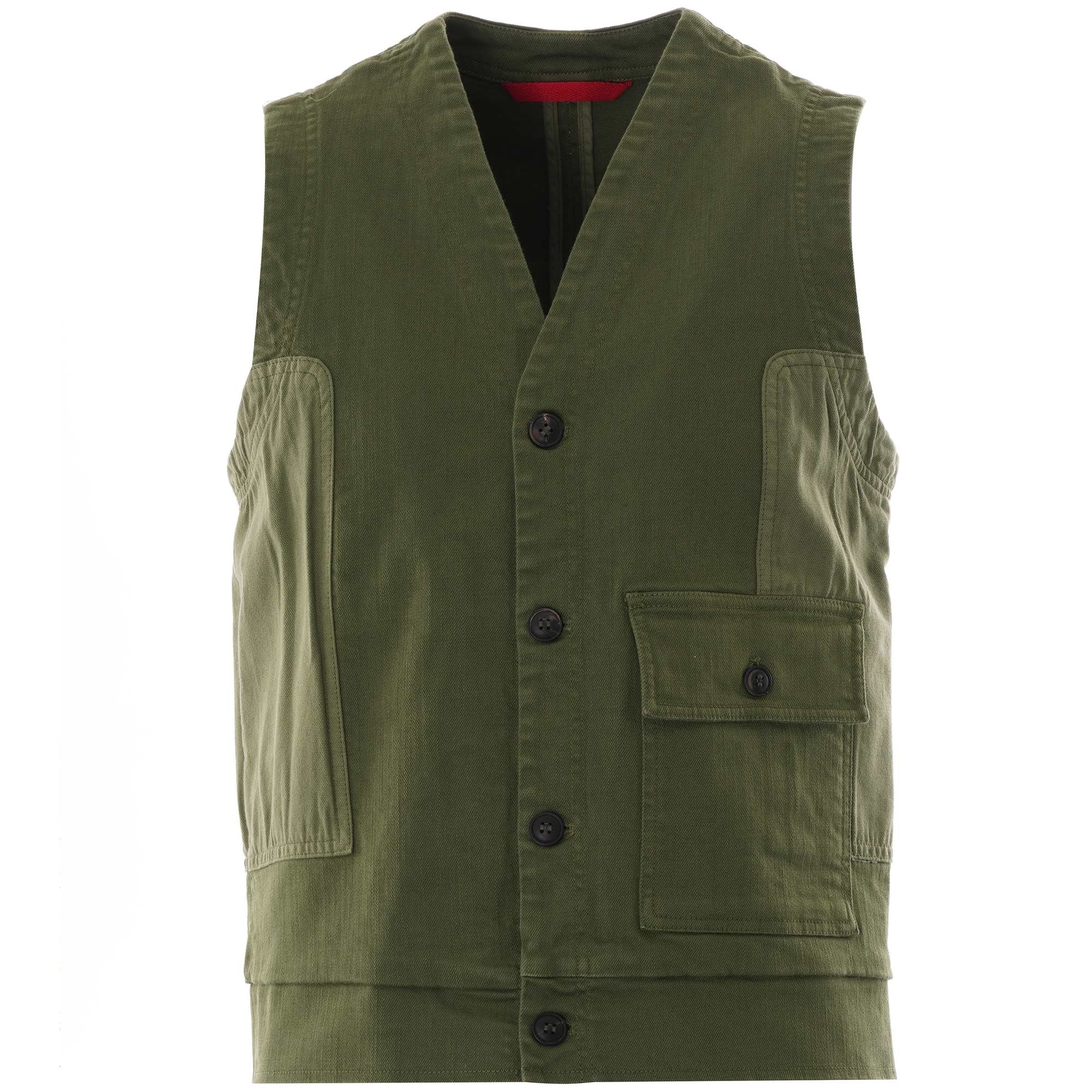 Front view of an olive green waistcoat with buttons and pockets.