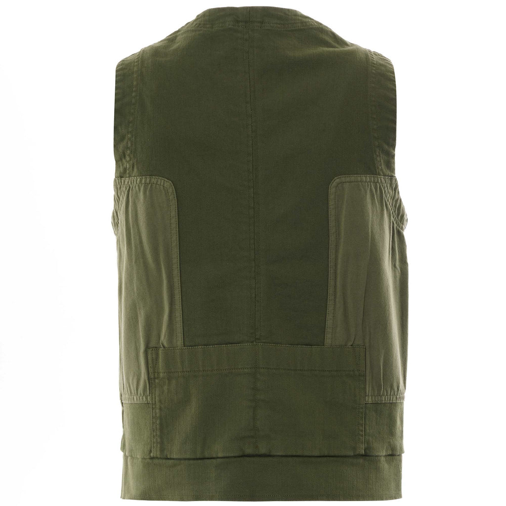Back view of an olive green waistcoat with textured panels.