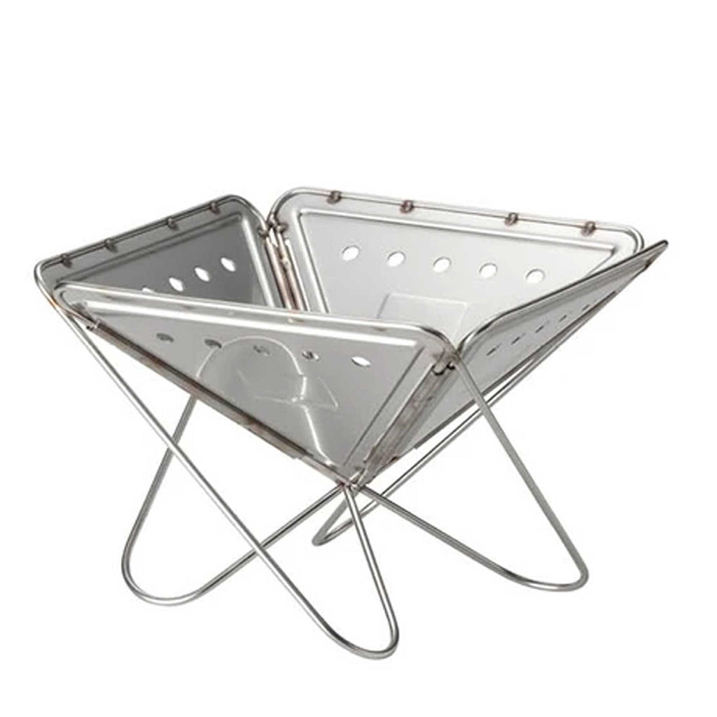 A four-sided stainless steel fire pit with a removable grill, against a white background.