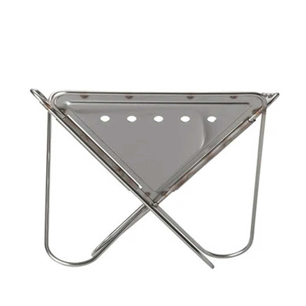 A two-sided stainless steel fire pit with a removable grill, against a white background.