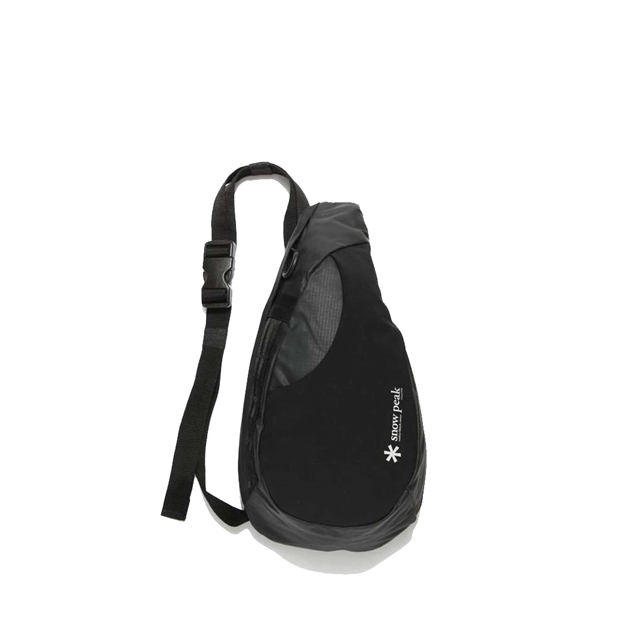 A black teardrop-shaped sling bag with a long, adjustable strap and a small white logo.