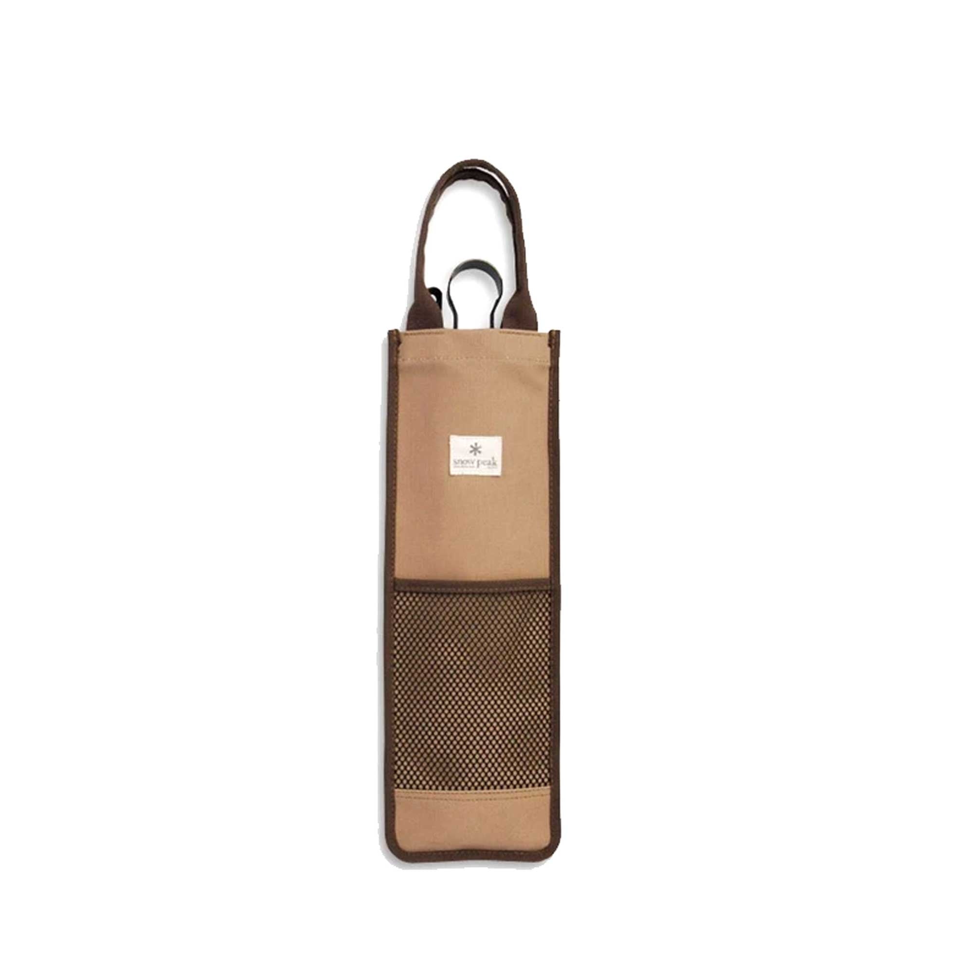 Snow Peak BBQ tool storage case in tan with black trim and handle.