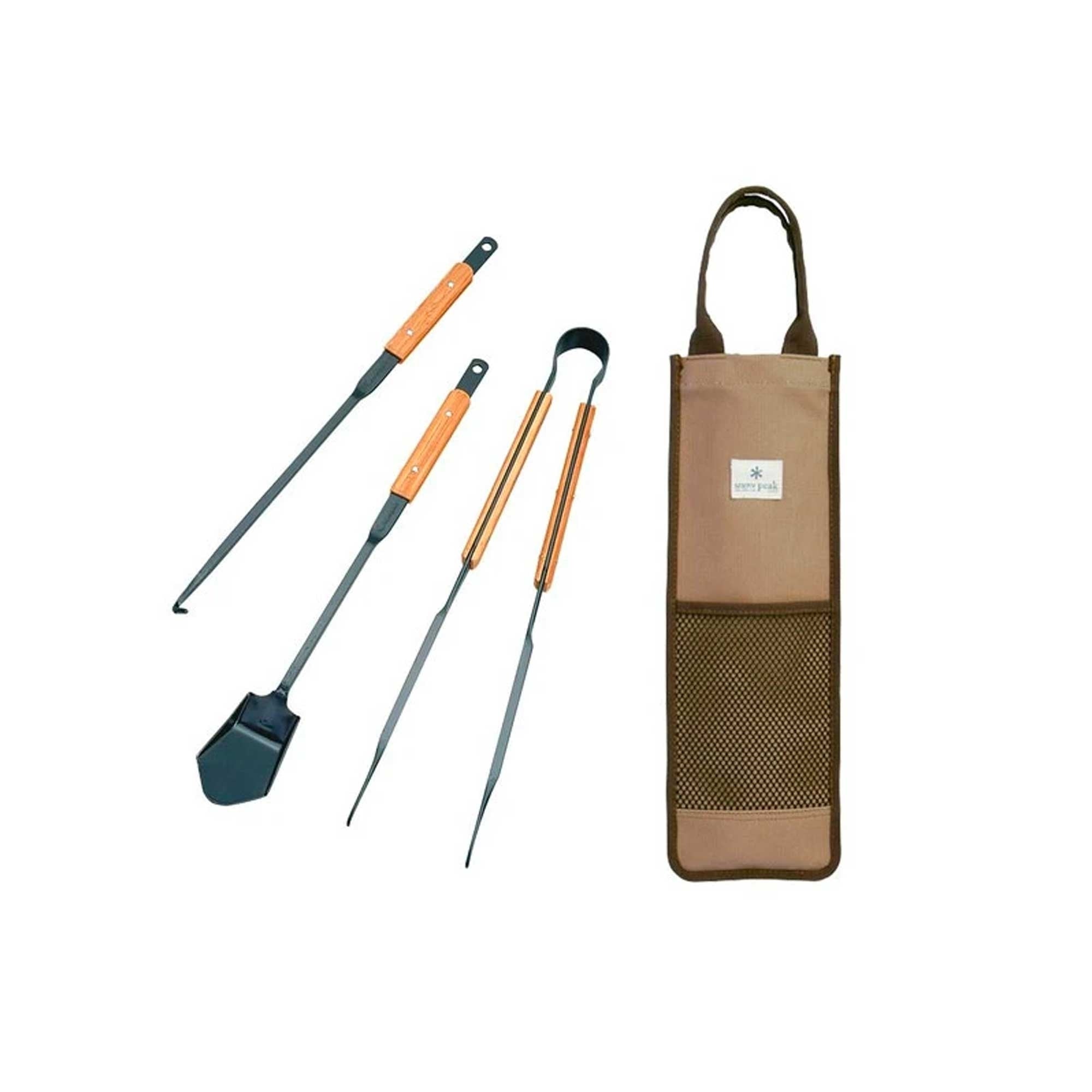 Full set of Snow Peak barbecue tongs, spatula, and poker with tan carry bag.