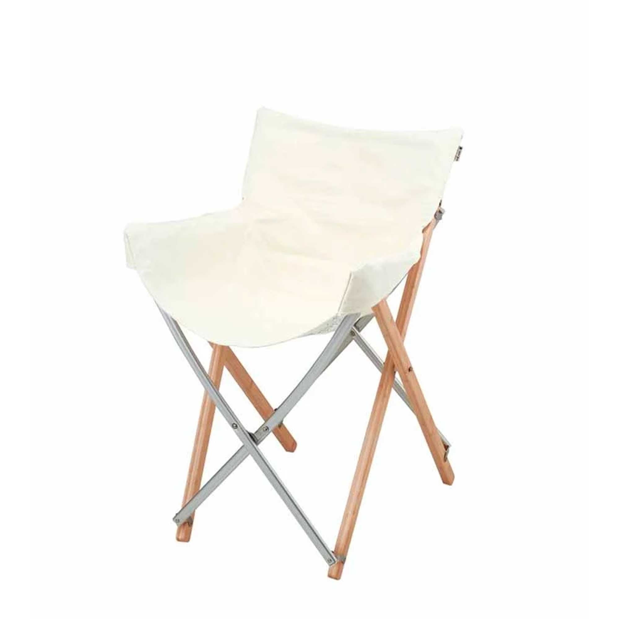 A white canvas and wooden-framed folding chair, ready for use.