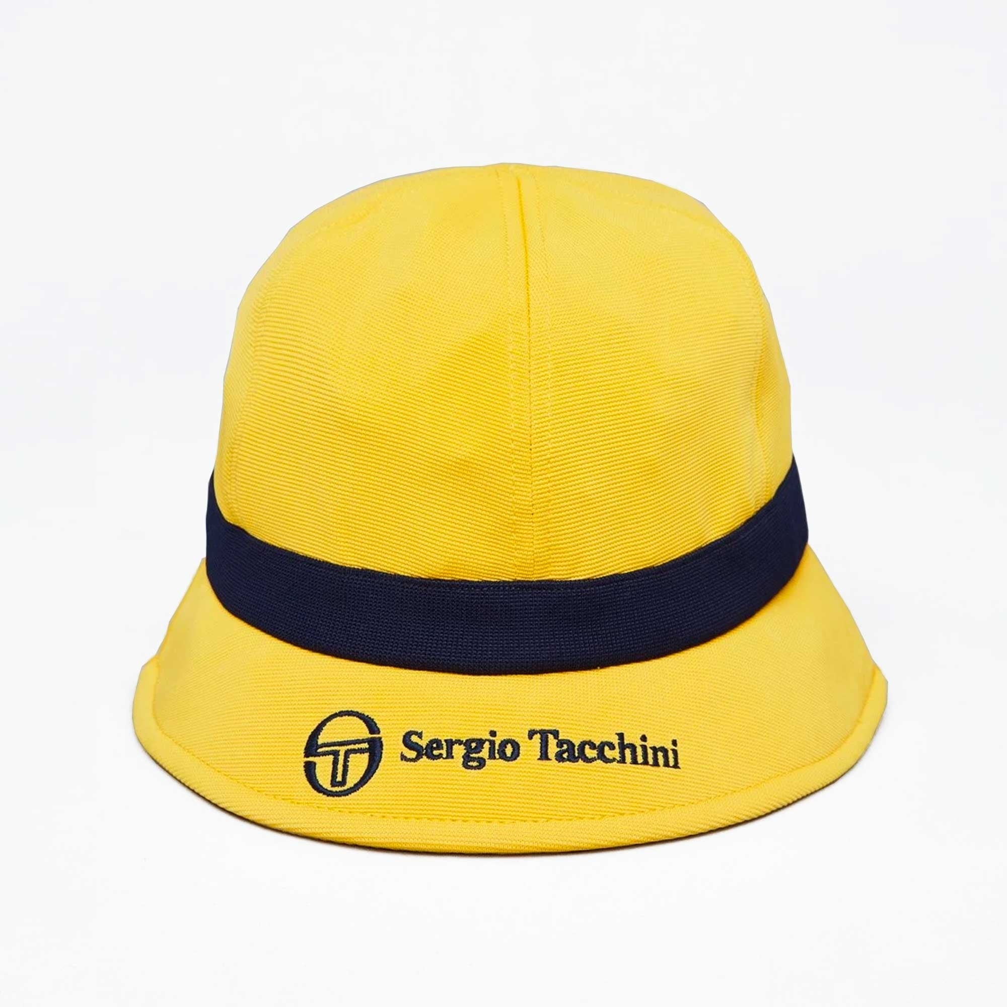 A yellow Sergio Tacchini bucket hat with a navy band and logo.