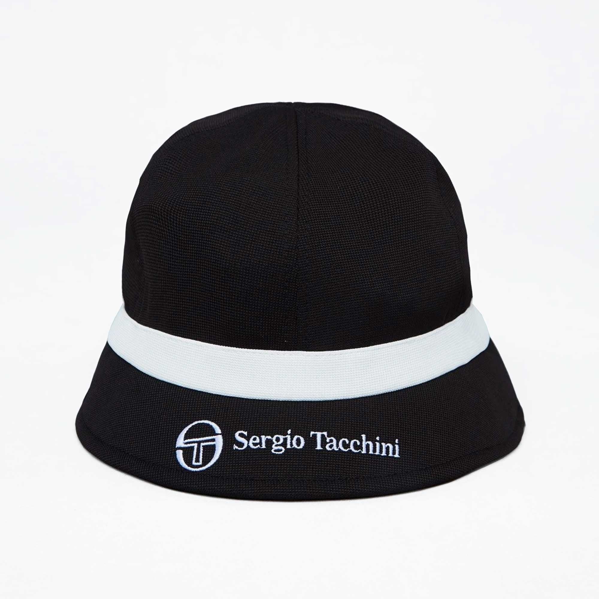Black bucket hat with a white stripe and the Sergio Tacchini logo.