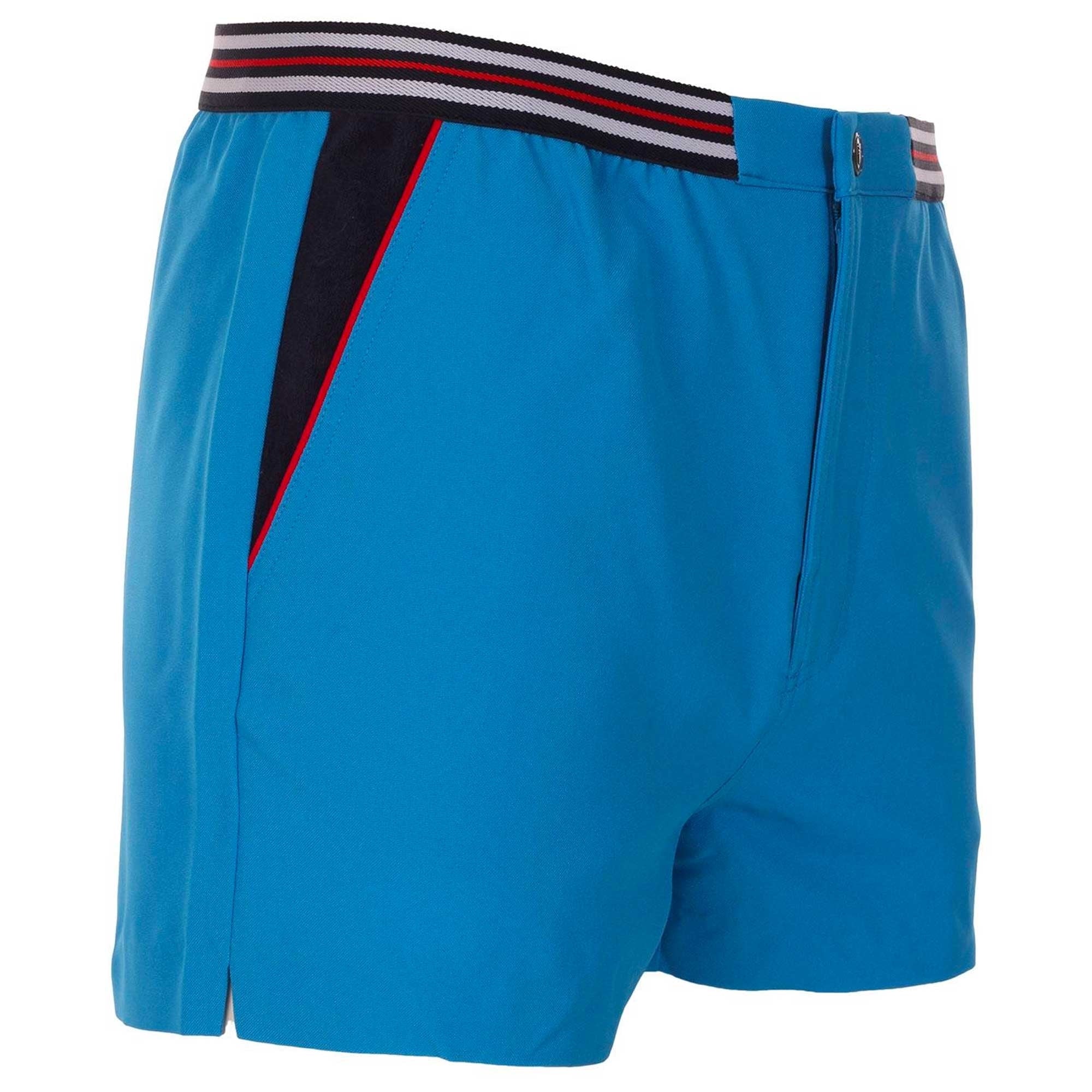 Side view of blue men's swim shorts with a striped waistband and side panel.