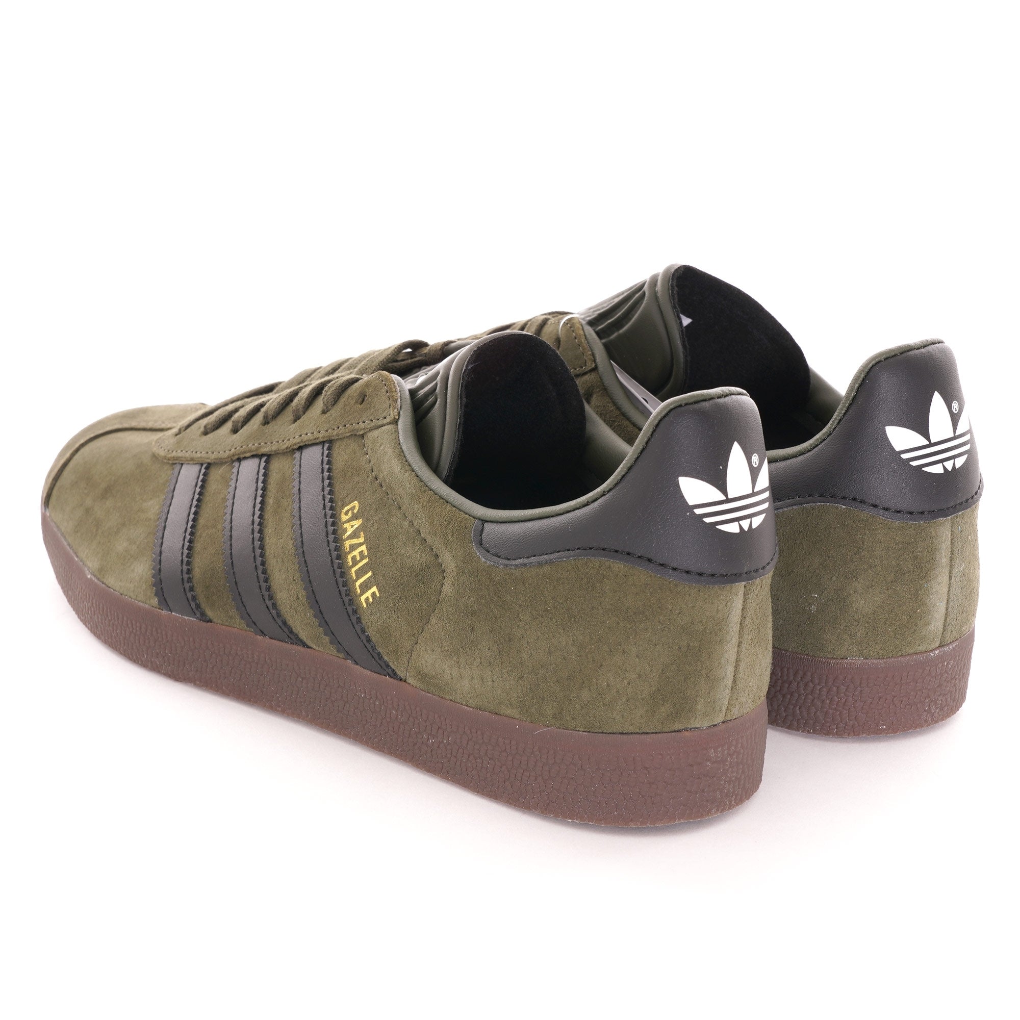 The rear view of a pair of olive green suede Adidas Gazelle trainers with black heel tabs. 
