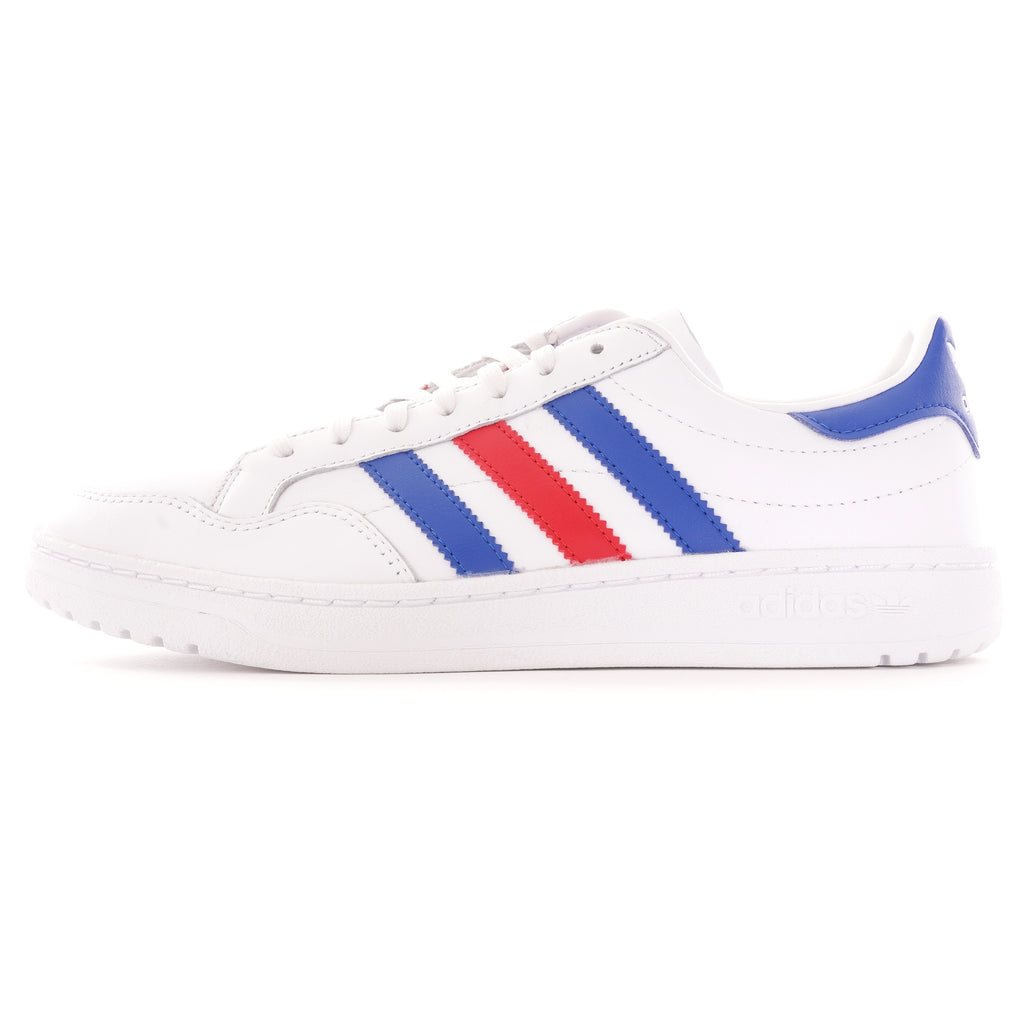 A close-up, eye-level, side profile of a white Adidas trainer with blue and red stripes.
