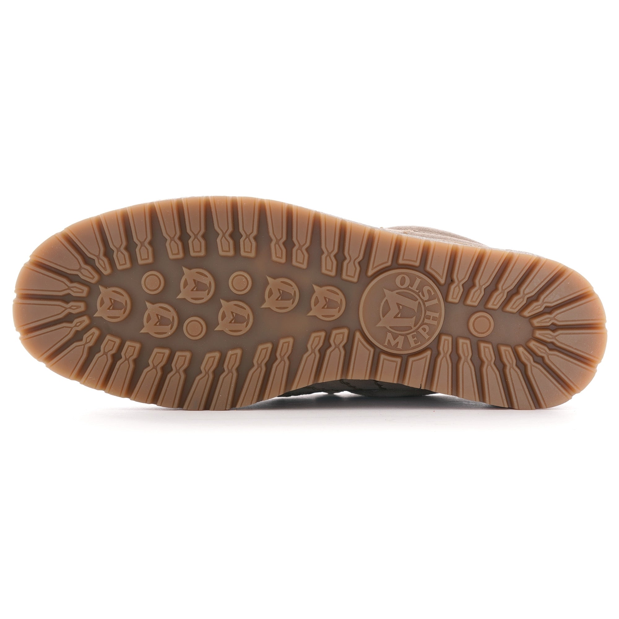 The sole of a beige shoe, displaying a textured grip pattern and brand logo.