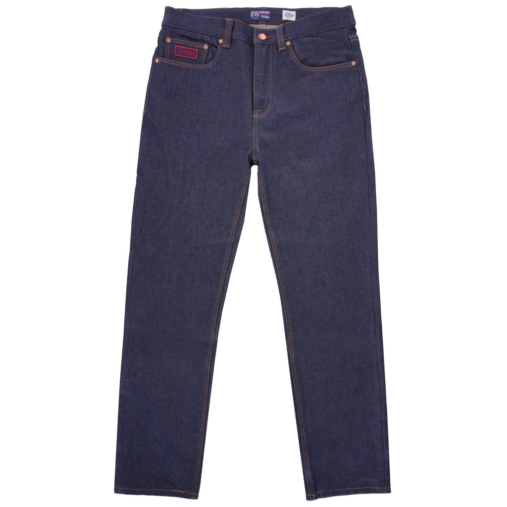 Front view of dark indigo C17 jeans with tan stitching and rivets.