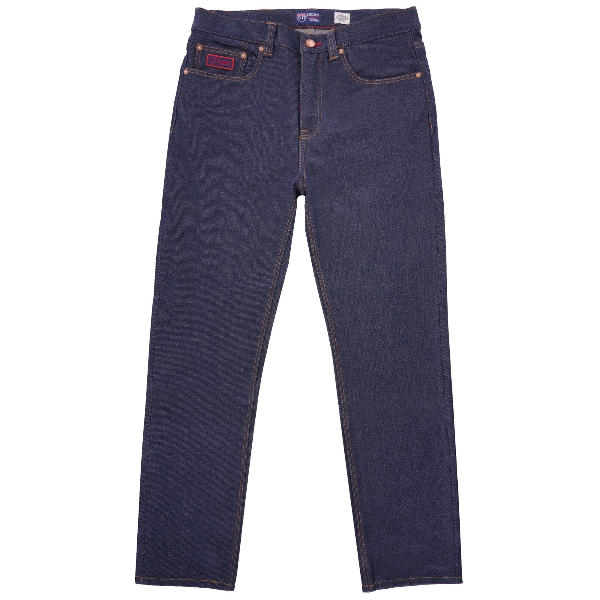 Front view of dark indigo C17 jeans with tan stitching and rivets.