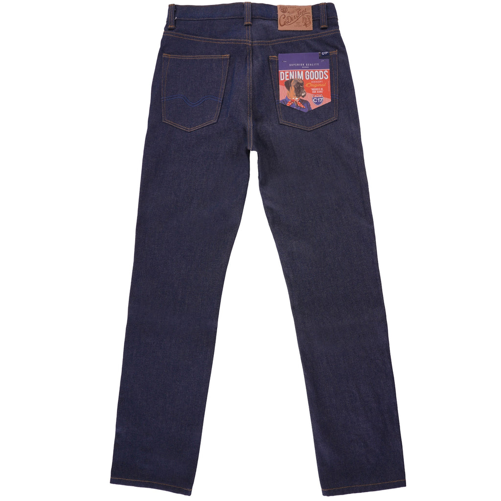 Rear view of dark indigo C17 jeans with a colourful pocket flash tag.