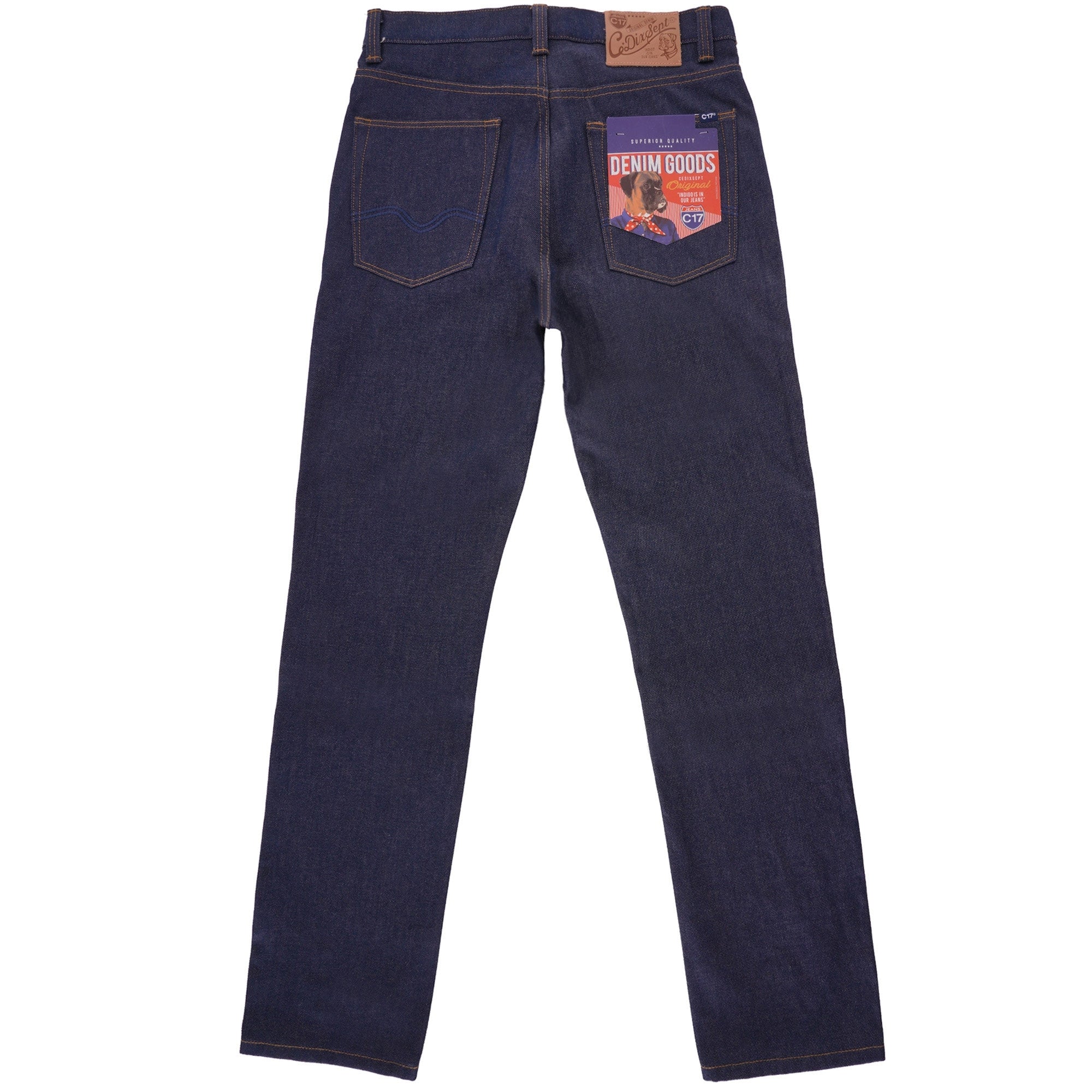 Rear view of dark indigo C17 jeans with a colourful pocket flash tag.