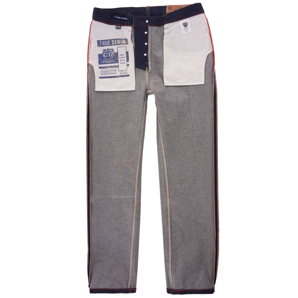 Inside-out view of C17 jeans, highlighting red selvedge and pocket bags.