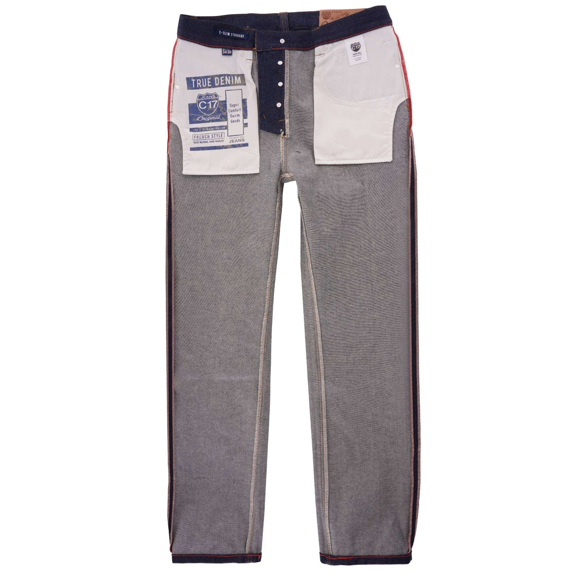 Inside-out view of C17 jeans, highlighting red selvedge and pocket bags.