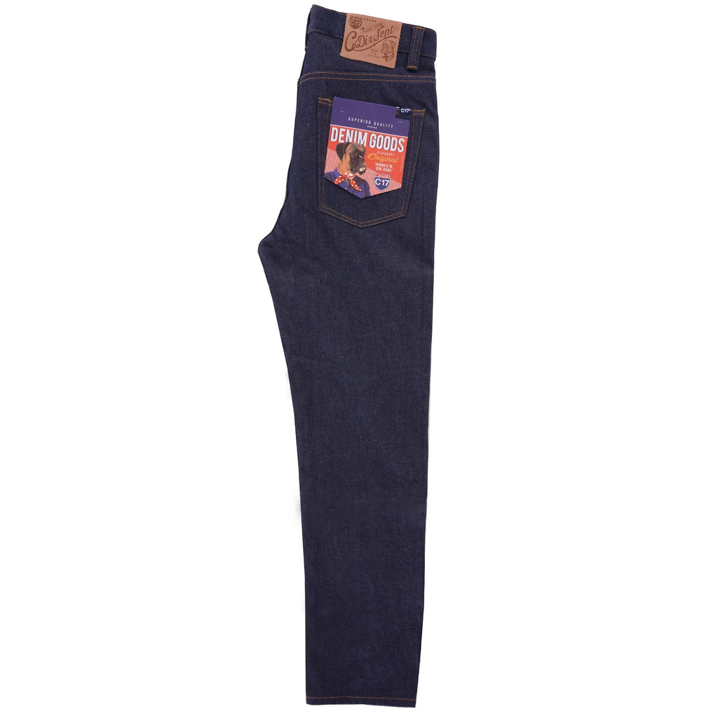Side view of dark indigo C17 jeans with a colourful pocket flash tag.