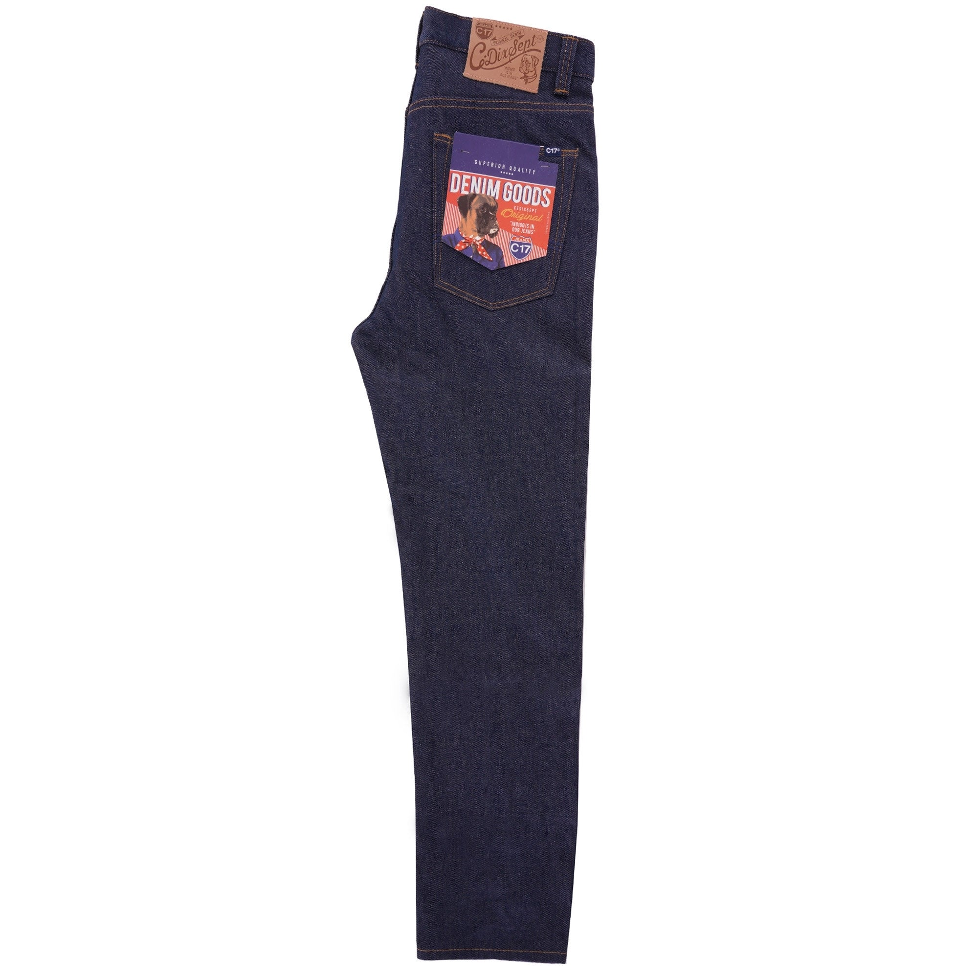 Side view of dark indigo C17 jeans with a colourful pocket flash tag.
