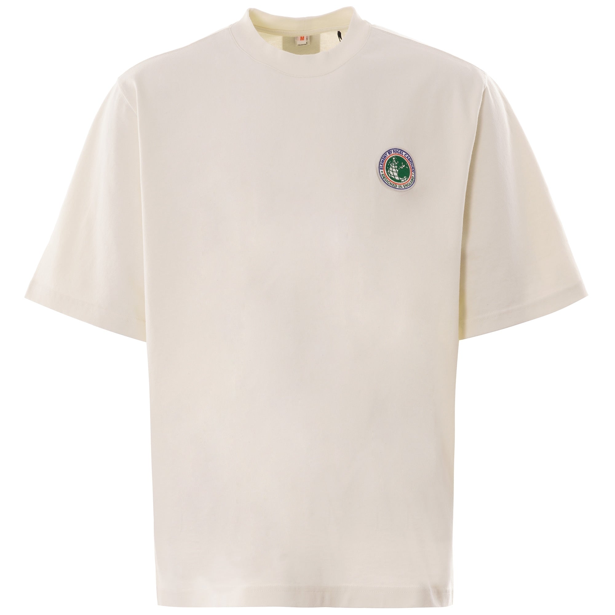 An off-white short-sleeved t-shirt with a small circular logo on the chest.