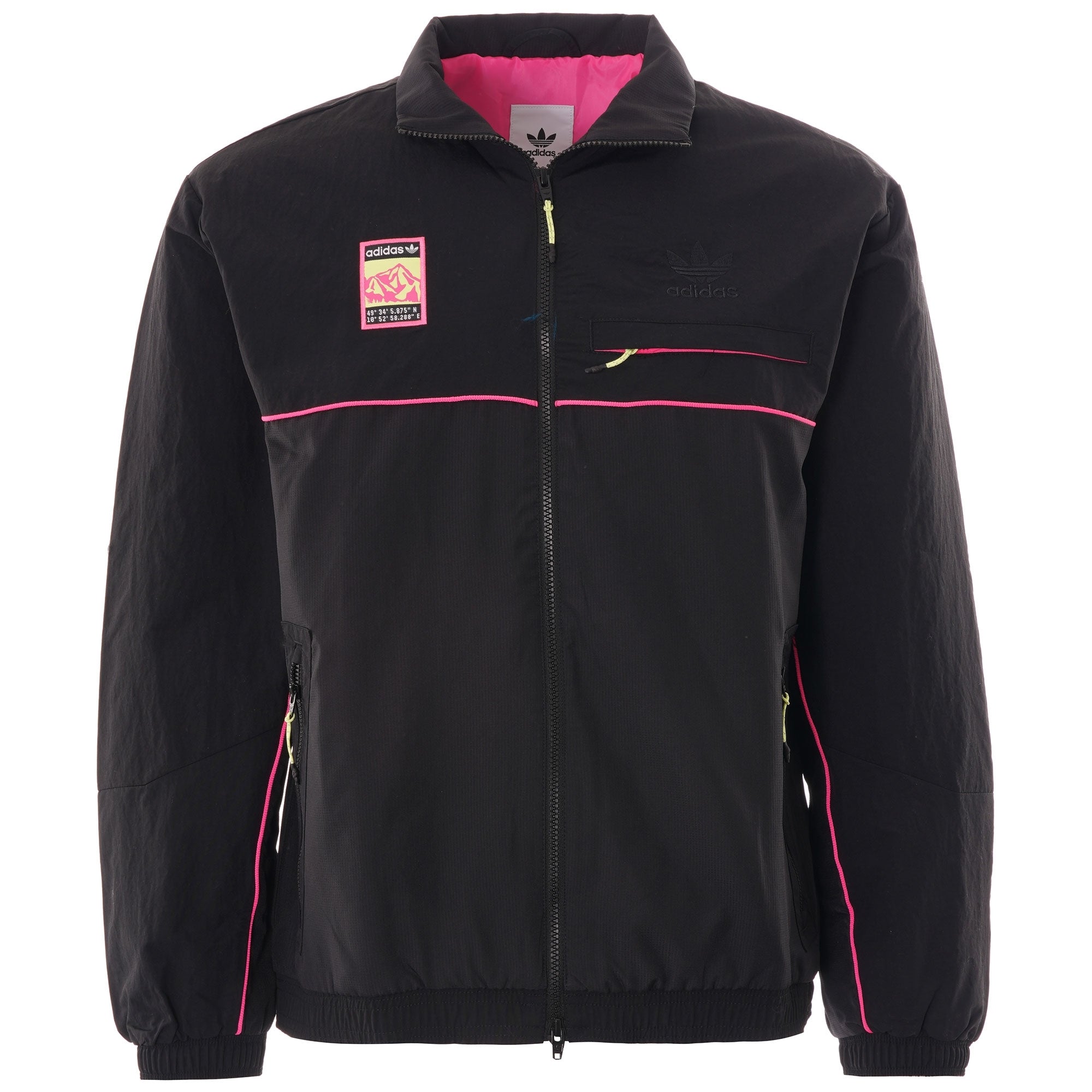 A black Adidas jacket with a pink interior, pink trim, and a colourful mountain logo.