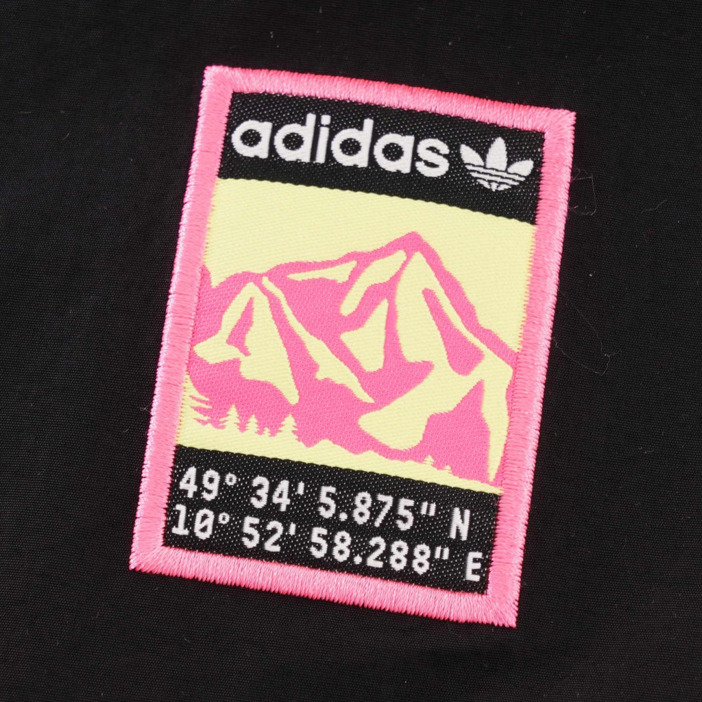 A close-up of the Adidas mountain logo on the black jacket, with coordinates below it.