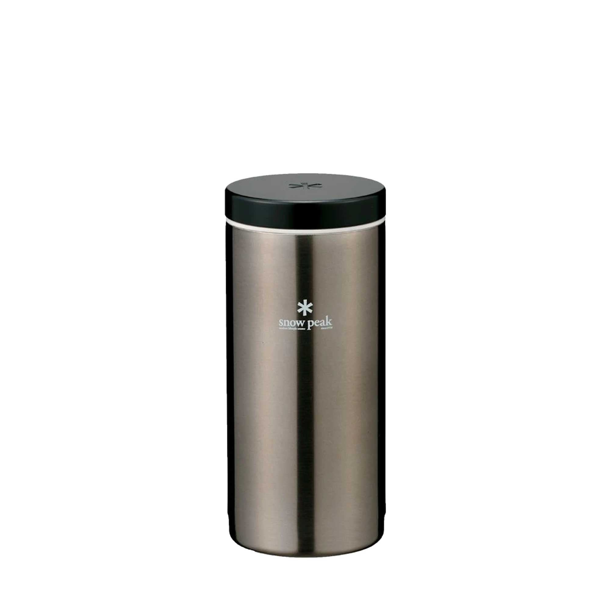 A sleek, stainless steel thermos with a black lid and the Snow Peak logo.
