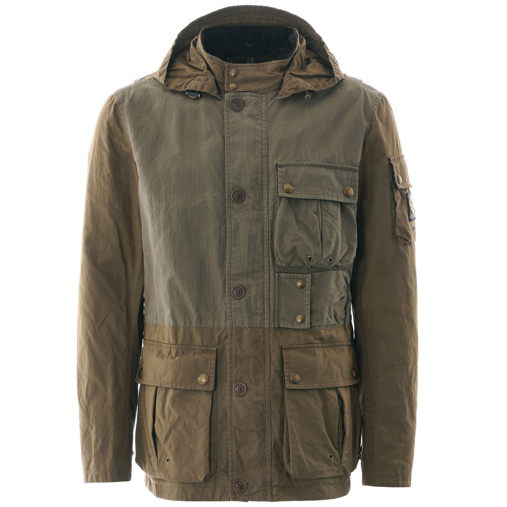 Full view of the Belstaff Fieldmaster Jacket in green, showcasing multiple pockets and hood.